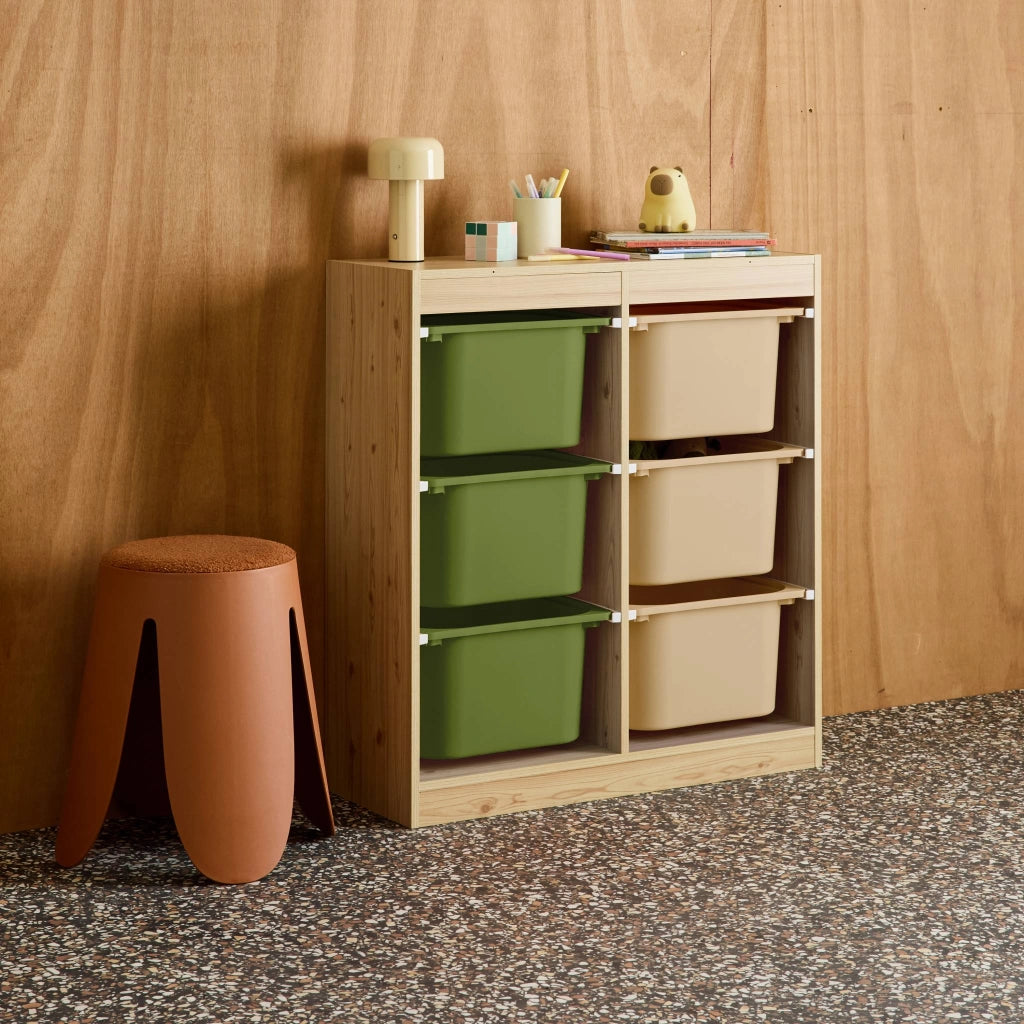 Mobile contenitore per bambini con 6 scatole colorate, verde oliva