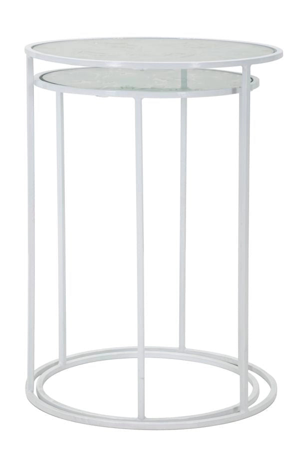 Tavolinetti Bianco Harts Coppia Ø43x60-38x55 cm in Ferro e Vetro Bianco