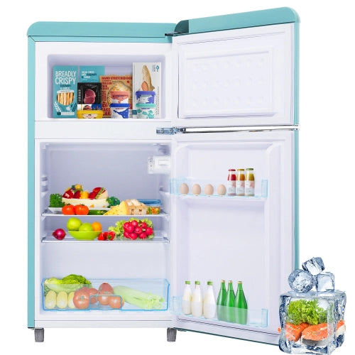 Frigorifero retrò; frigorifero a doppia porte; volume totale 72L; congelatore 21L; luce LED; efficiente energetico; ciano