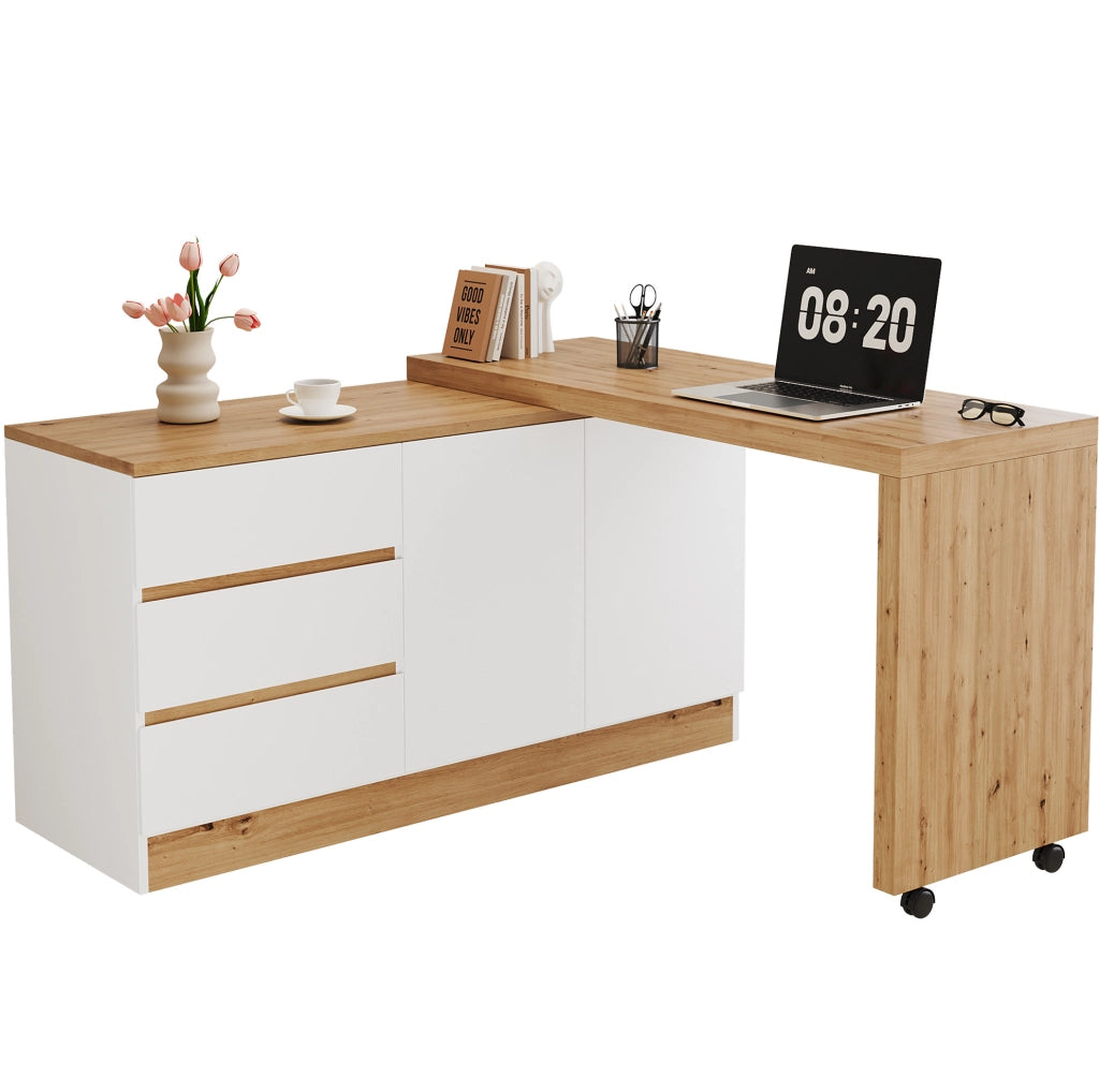 Scrivania pieghevole e girevole con 2 porte e 3 cassetti; 120x50x78 cm; bianco e rovere; in pannello truciolare