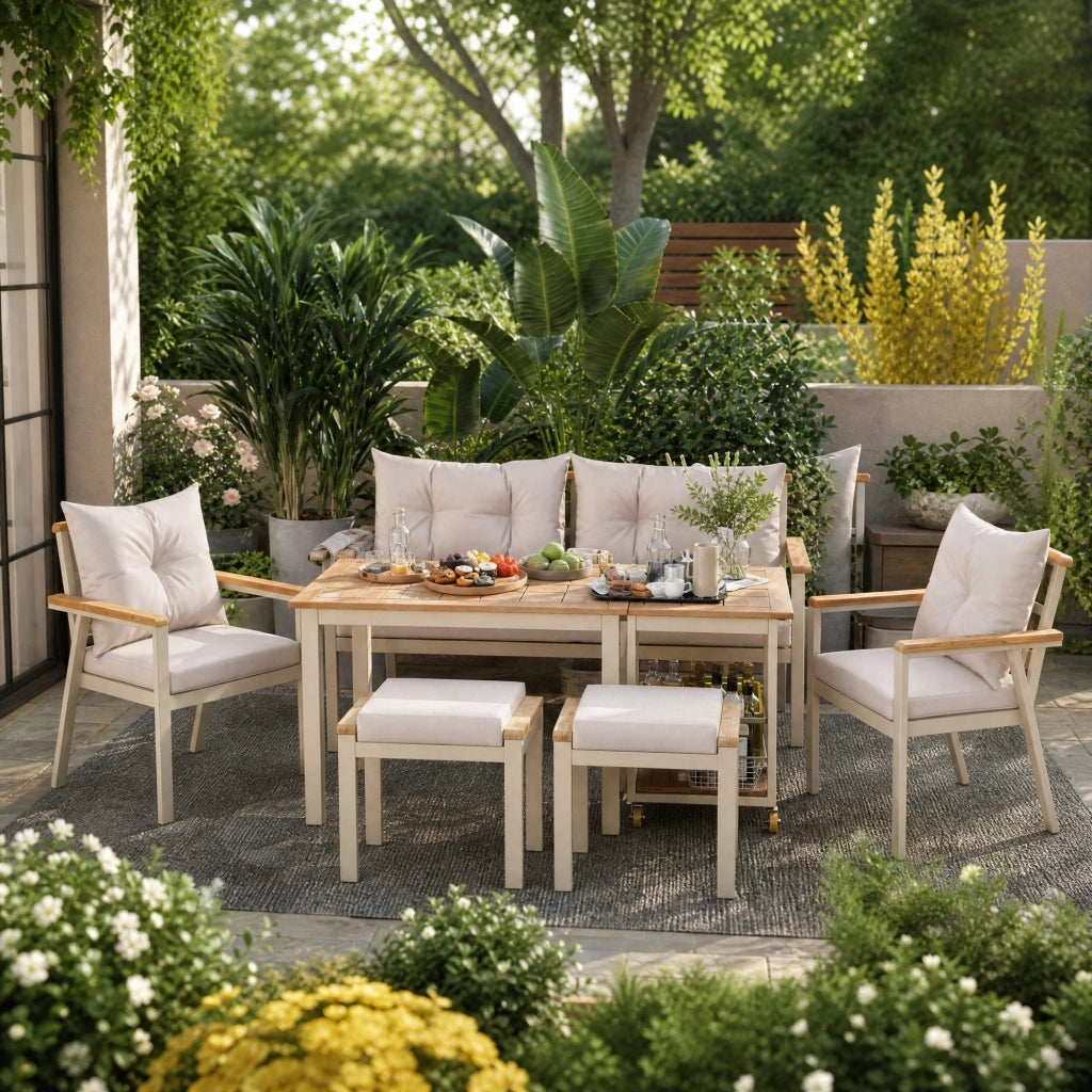 Set da pranzo da giardino per 6-7 persone in legno di acacia e metallo; beige e naturale