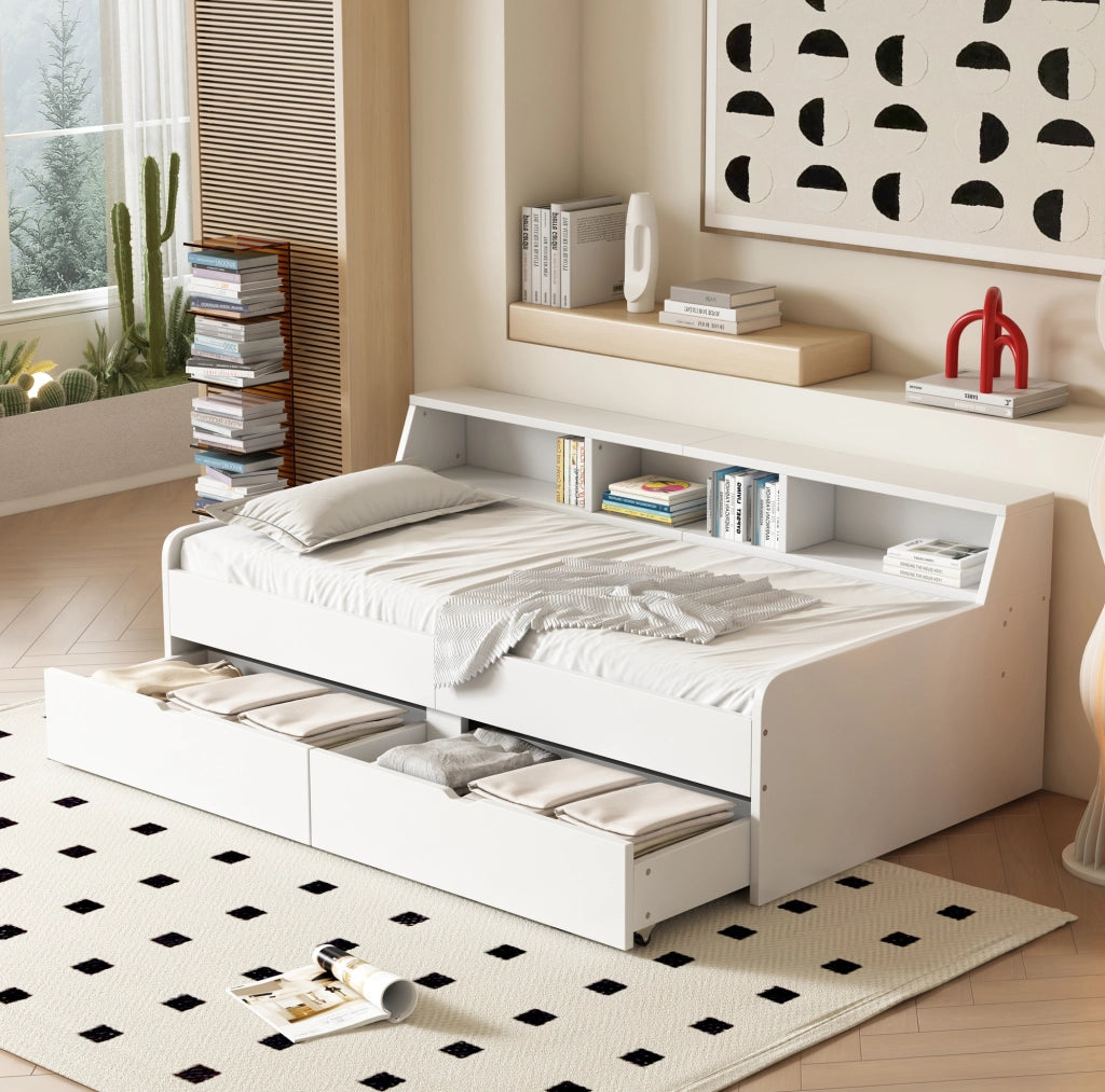 Letto 90x200 cm bianco – 2 cassetti e nicchie portaoggetti, senza materasso