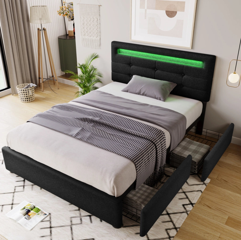 Bettiera imbottito con LED; 2 cassetti; 90x200 cm; nero