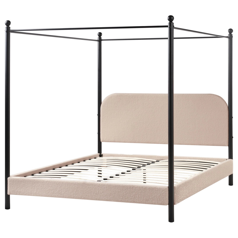 Letto a baldacchino in metallo nero con rivestimento in bouclé beige 160 x 200 cm EU Dimensioni doppie Retro Minimalista