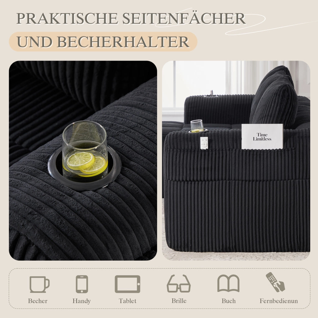 Divano modulare in corduroy con tasche laterali e portabicchieri, cuscini inclusi per soggiorno e studio, nero