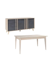 Sala da pranzo completa MALMO con tavolo 6 posti 160 cm e buffet 165 cm - Rovere chiaro e grigio