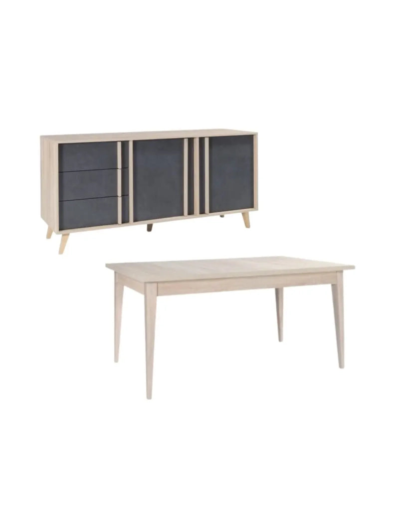 Sala da pranzo completa MALMO con tavolo 6 posti 160 cm e buffet 165 cm - Rovere chiaro e grigio