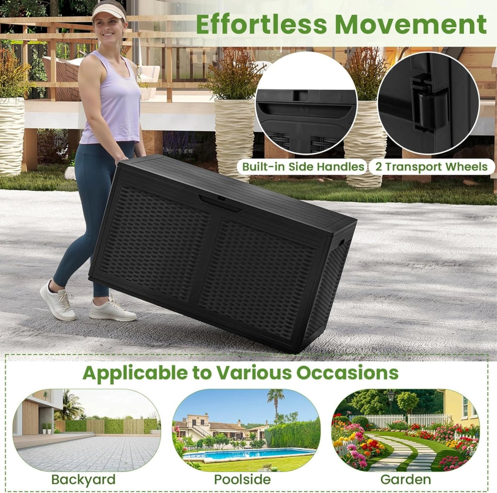 Scatola da giardino da 380 l, impermeabile, con coperchio e 2 ruote, per balcone, terrazza e cortile, 111 x 56 x 61 cm (nero)