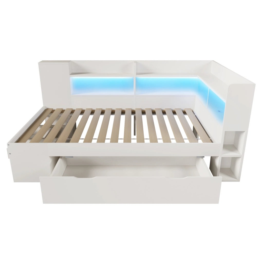 Divano letto 90x200 cm bianco con LED; USB e Type-C; ripiani e cassetti in legno