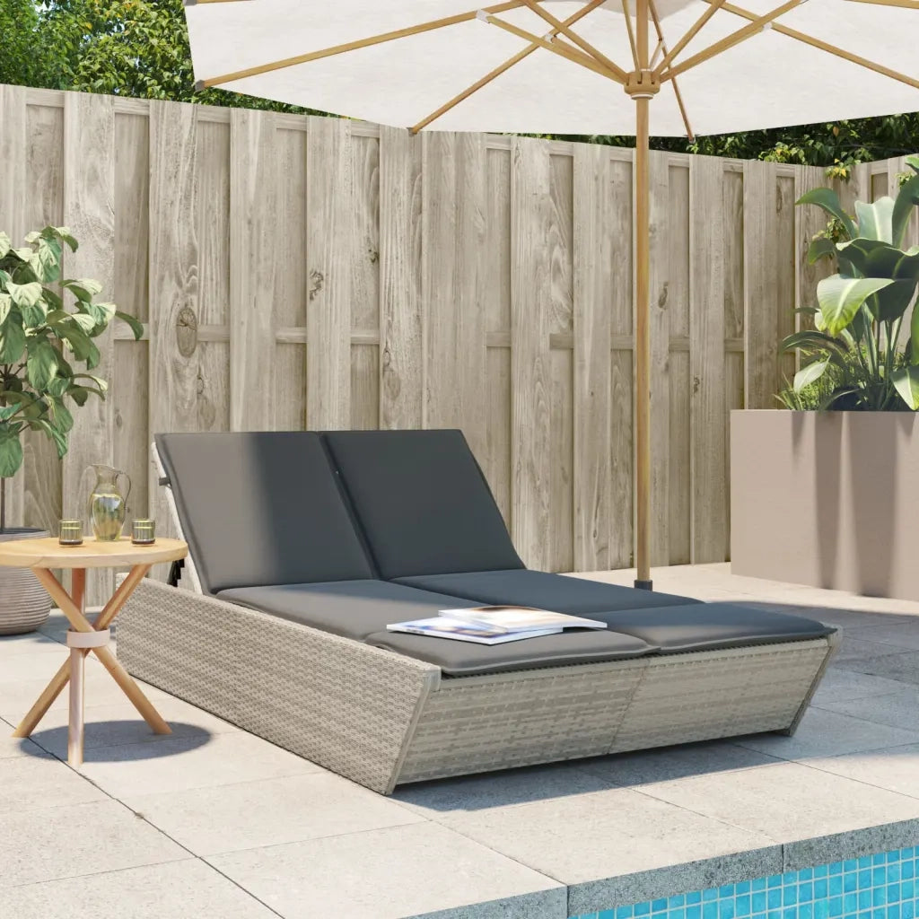 Lettino Prendisole | Sdraio da giardino | Lettino da sole Doppio con Cuscini Grigio Chiaro Polyrattan