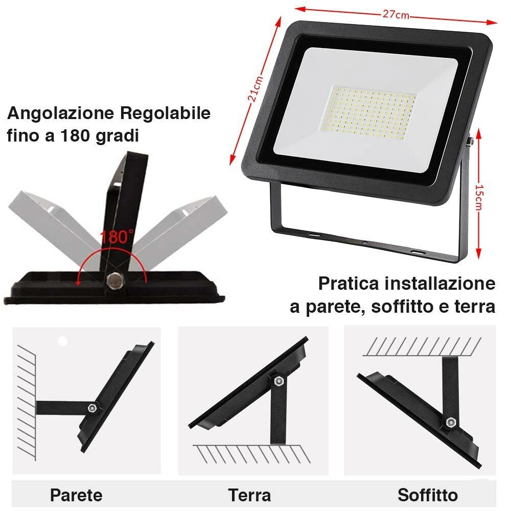 Faro Led 100W Luce Alta Luminosita 8000lm Faretto Esterno Slim Bianco Freddo
