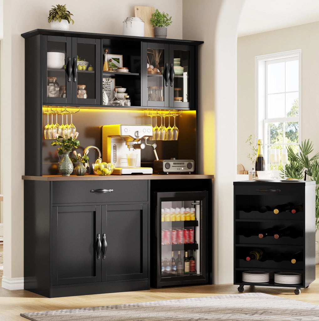 Credenza 140x38x180 cm con carrello estraibile e illuminazione LED dimmerabile; MDF nera