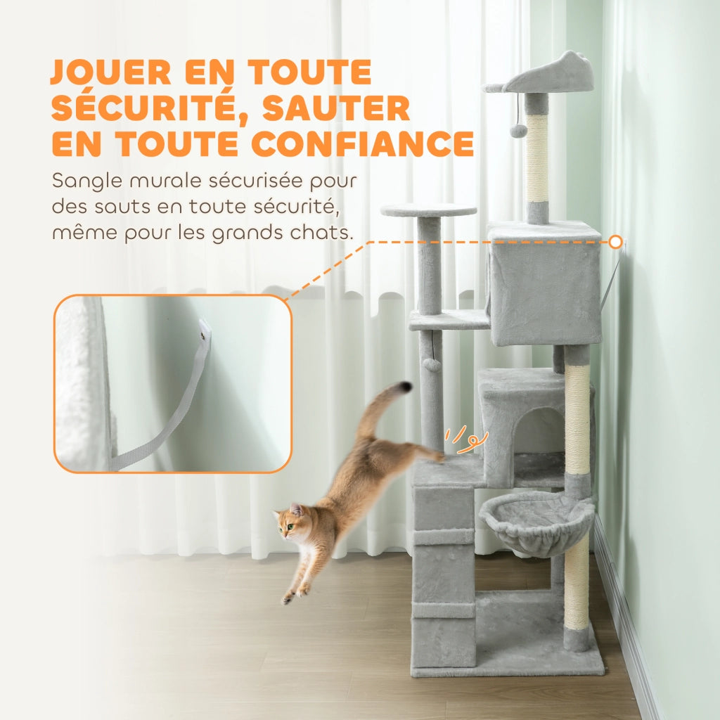 Tiragraffi per gatti con piattaforme, cucce e amaca ¨C Xylo ¨C Grigio 56x56x180cm