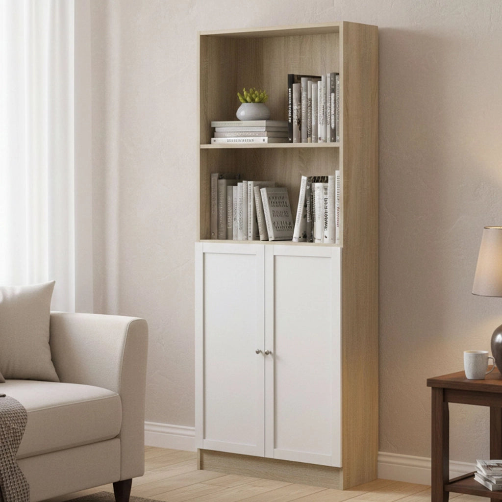Libreria Michel, Scaffale da ufficio, Mobile portalibri, Biblioteca, 79x28 h203 cm, Quercia e Bianco