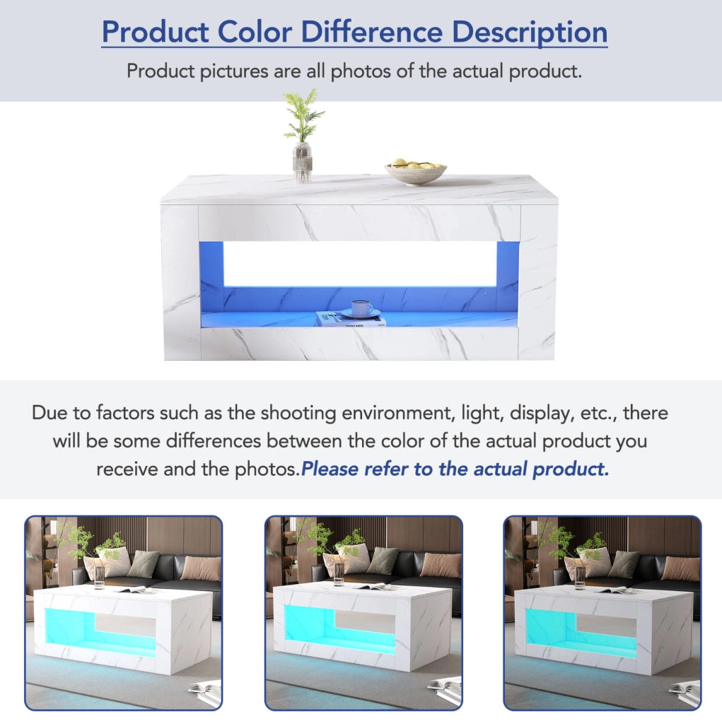 Tavolino da salotto moderno con LED USB; 100 x 50 x 50 cm; bianco lucido effetto marmo