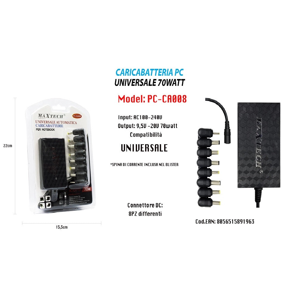 Trade Shop - Caricabatteria Pc Universale 70w Notebook Pc Adattatore 9,5v-20v Maxtech Pc-ca008 -