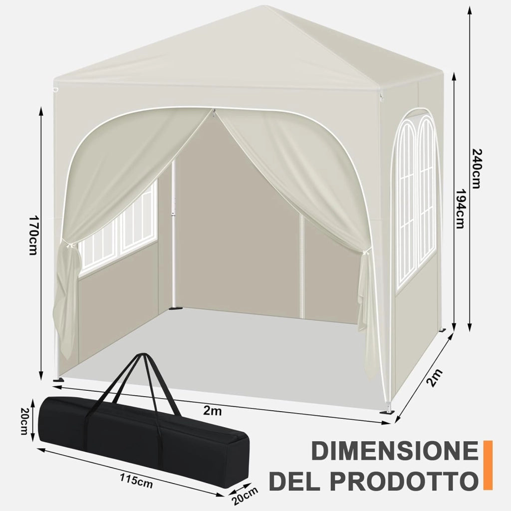 Gazebo Pieghevole 2x2m con 4 Pareti Rimovibili - Protezione Solare UPF 50+, Struttura Metallica Anti-Vento, 3 Regolazioni Altezza, Tendone da Giardino/Campeggio/Spiaggia - Beige