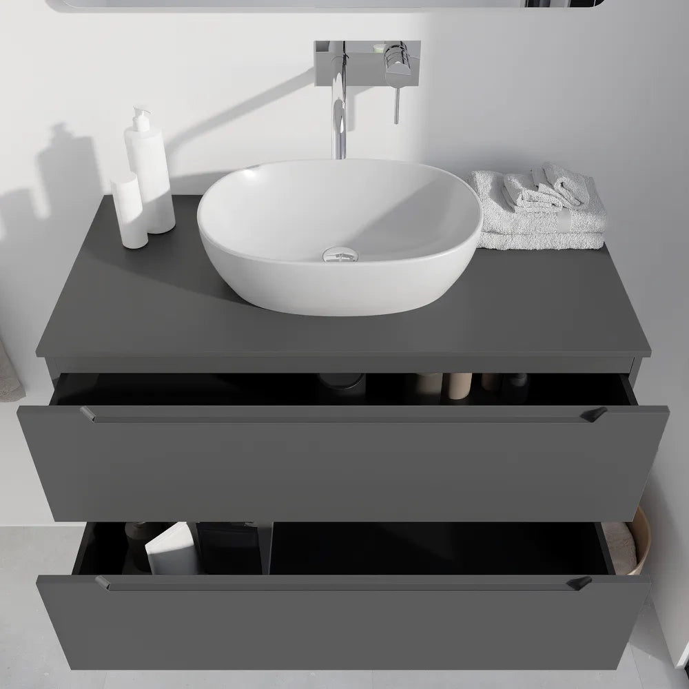 Mobile bagno sospeso 90cm grigio opaco due cassetti soft-close con top | Bako