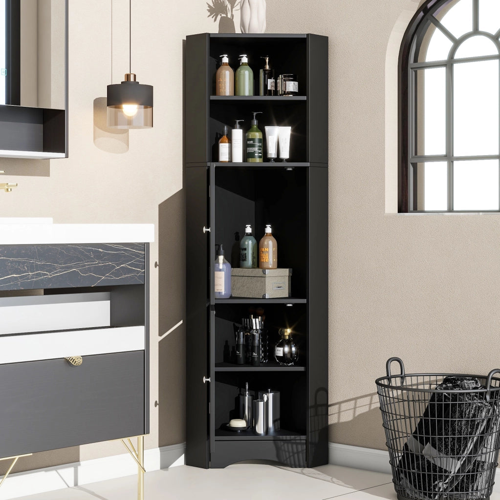 Mobile angolare da bagno nero con vano a giorno