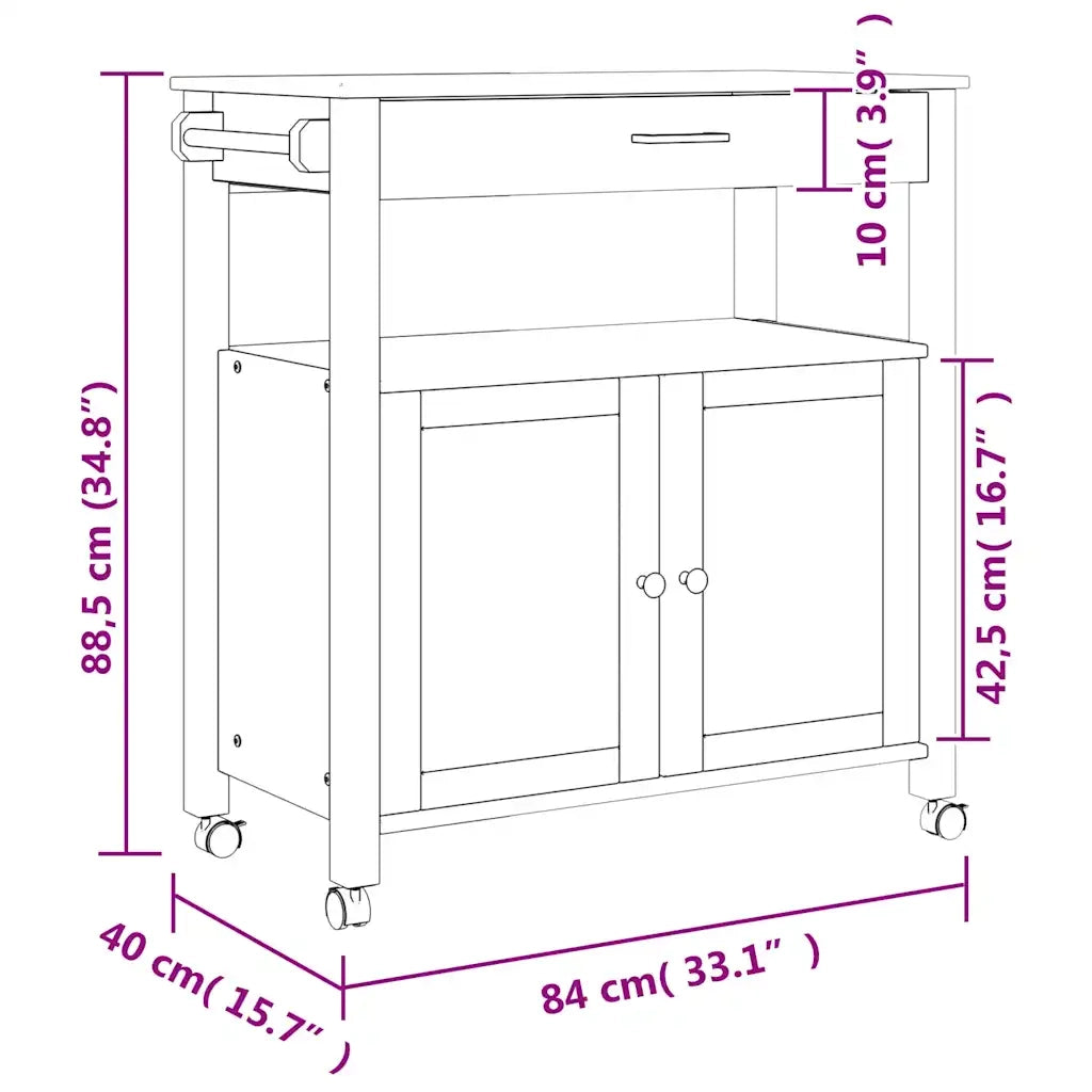 Carrello da Cucina MONZA 84x40x88,5 cm in Legno Massello di Pino 376106