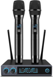 Dual Microfono UHF a Trasmissione Senza Fili - Microfoni a Mano in Metallo - Controllo Senza Interferenze - Portata di 300 Metri - Ideale per Karaoke - Eventi - DJ - Chiesa