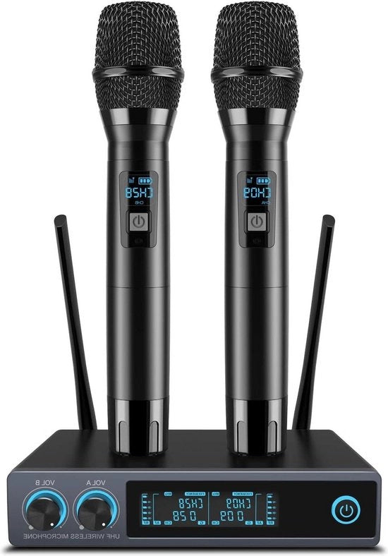 Dual Microfono UHF a Trasmissione Senza Fili - Microfoni a Mano in Metallo - Controllo Senza Interferenze - Portata di 300 Metri - Ideale per Karaoke - Eventi - DJ - Chiesa
