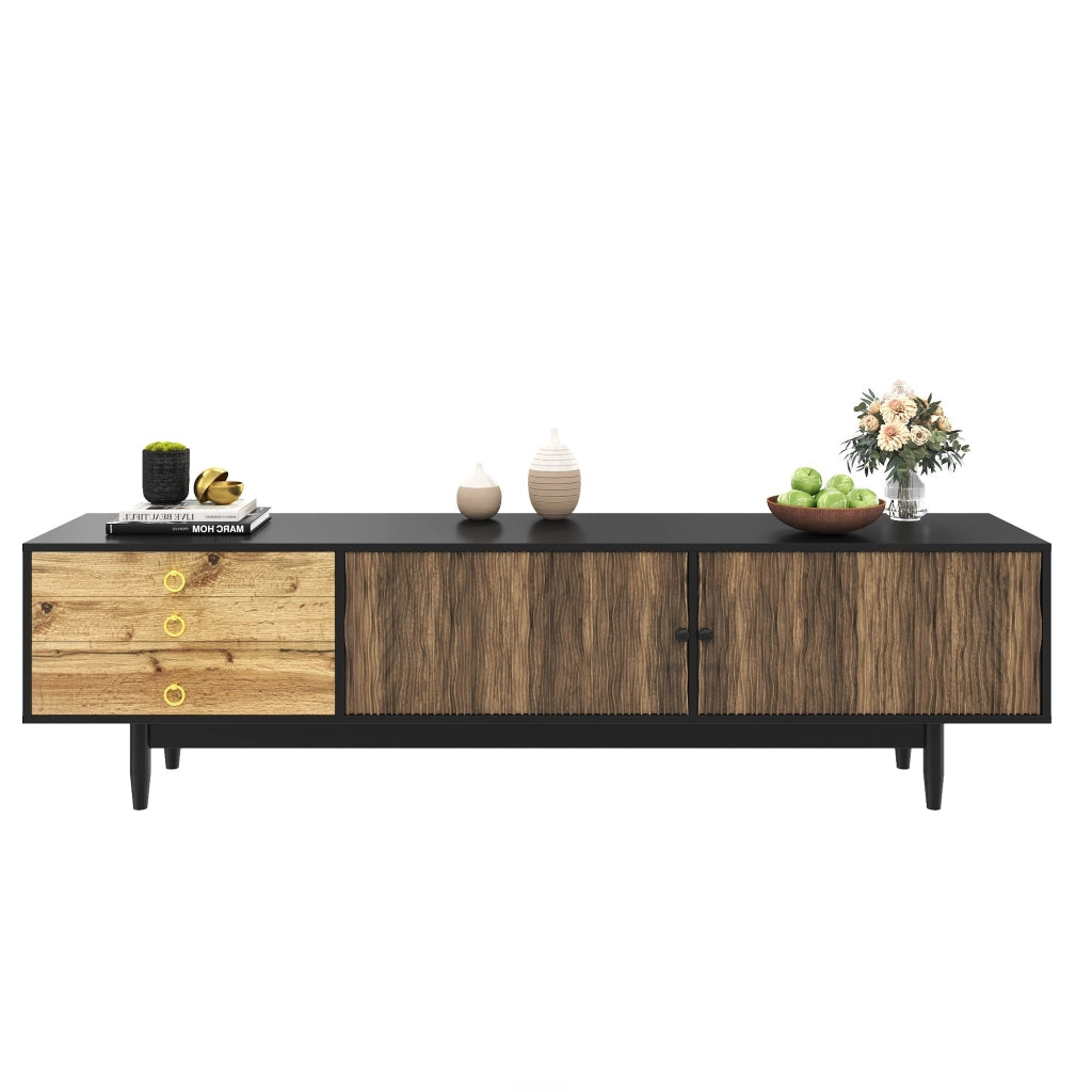 Mobile TV con 2 Ante e 3 Cassetti; Frontali a Motivo Onde; Piedi in Legno Massello; 180??38??50 cm; Nero + Naturale