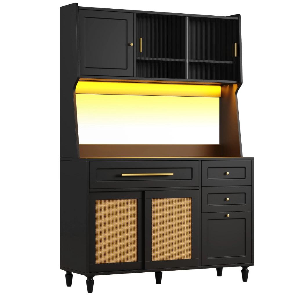 Credenza con Ante e Vetrina ¨C MINIMAL ¨C Nero, LED, Rattan, 3 Cassetti