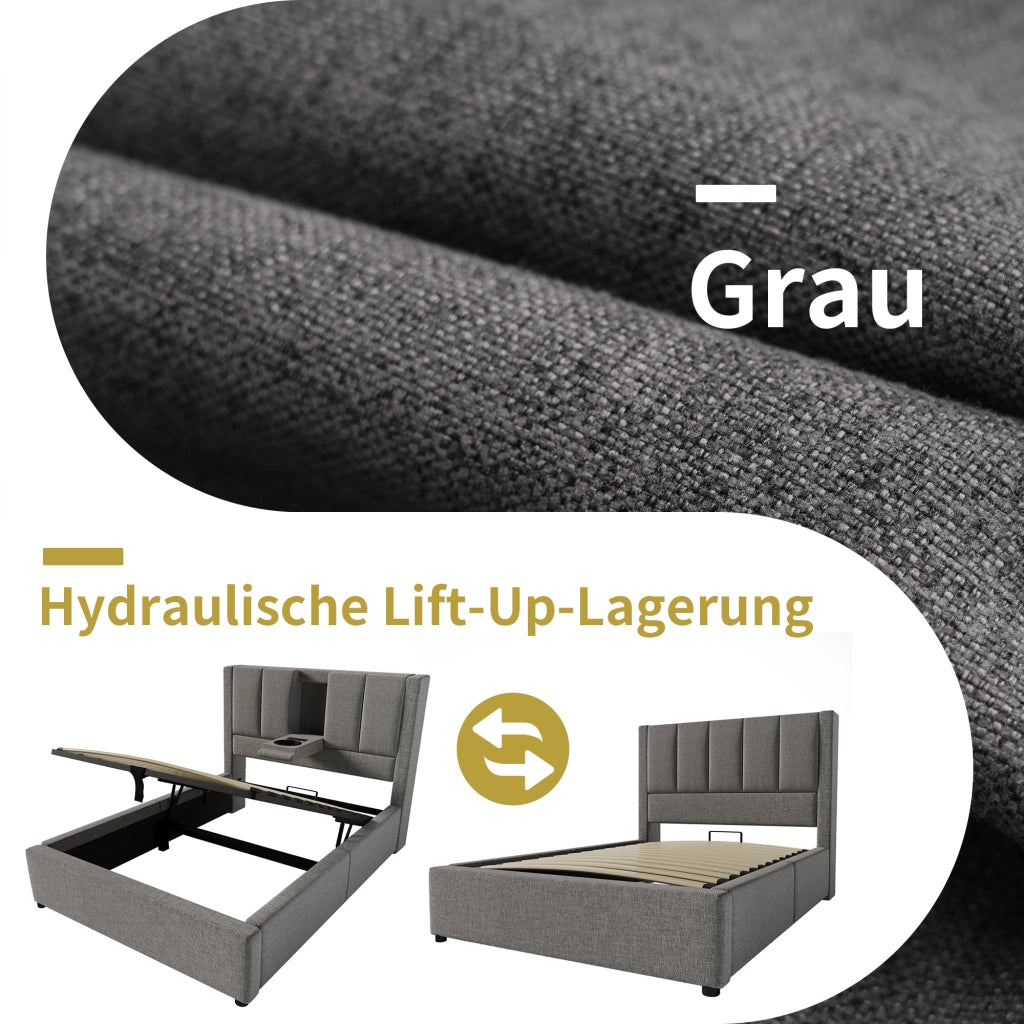 LETTO Contenitore 90x200 cm in lino grigio con porta bicchiere e stazione di ricarica