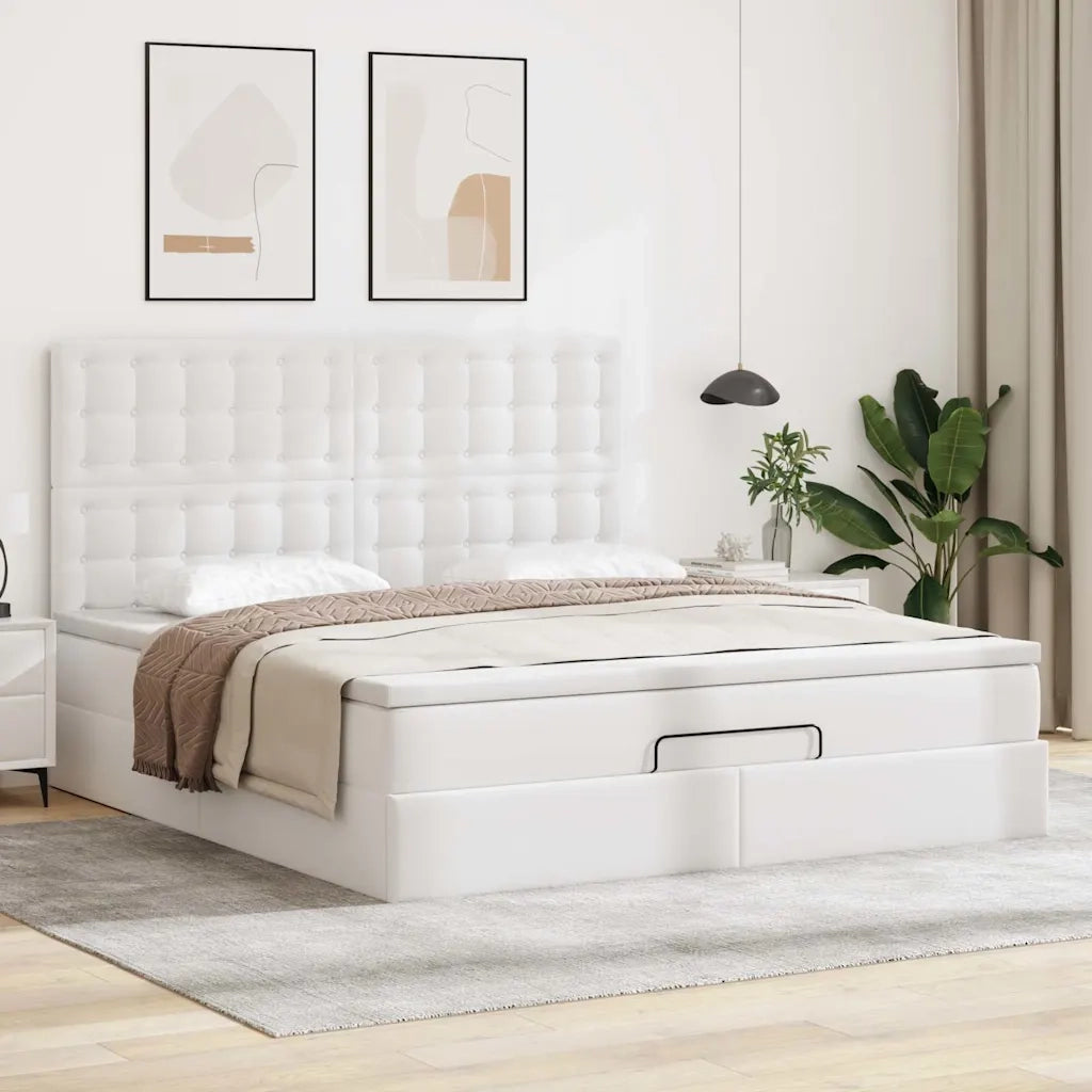 vidaXL Struttura Letto Pouf con Materasso Bianco 160x200 cm Similpelle