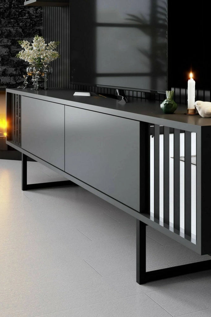 Mobile porta TV Iva, Credenza da soggiorno, Armadio basso per TV, Base parete attrezzata, 180x30h48 cm, Antracite e Nero