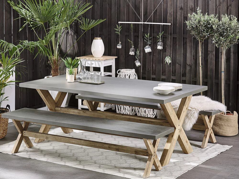 Set da pranzo per esterni in fibra di cemento grigio legno di acacia chiaro 8 persone tavolo 2 panche design moderno