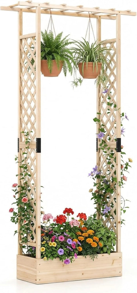 Fioriera Rialzata con Grigliato, Letto da Giardino Rialzato in Legno con Traliccio, Tetto e Fori di Drenaggio, Aiuola Elevata per Piante Rampicanti, Viti e Fiori (Naturale,110 x 35 x 114 cm)