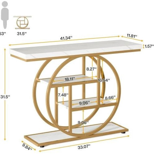 Tavolo consolle industriale a 4 livelli 105x30x80 cm in metallo e legno bianco e oro