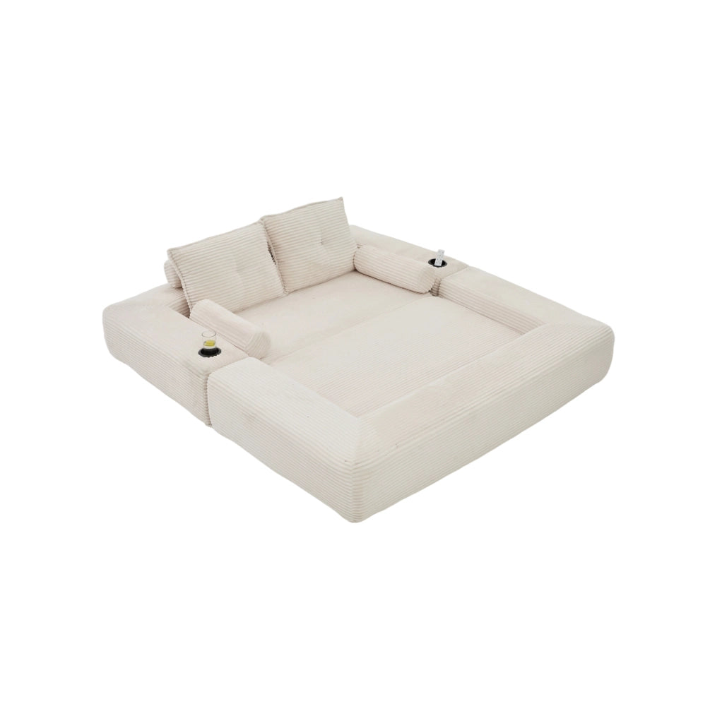 Divano letto modulare in velluto a coste beige con portaoggetti