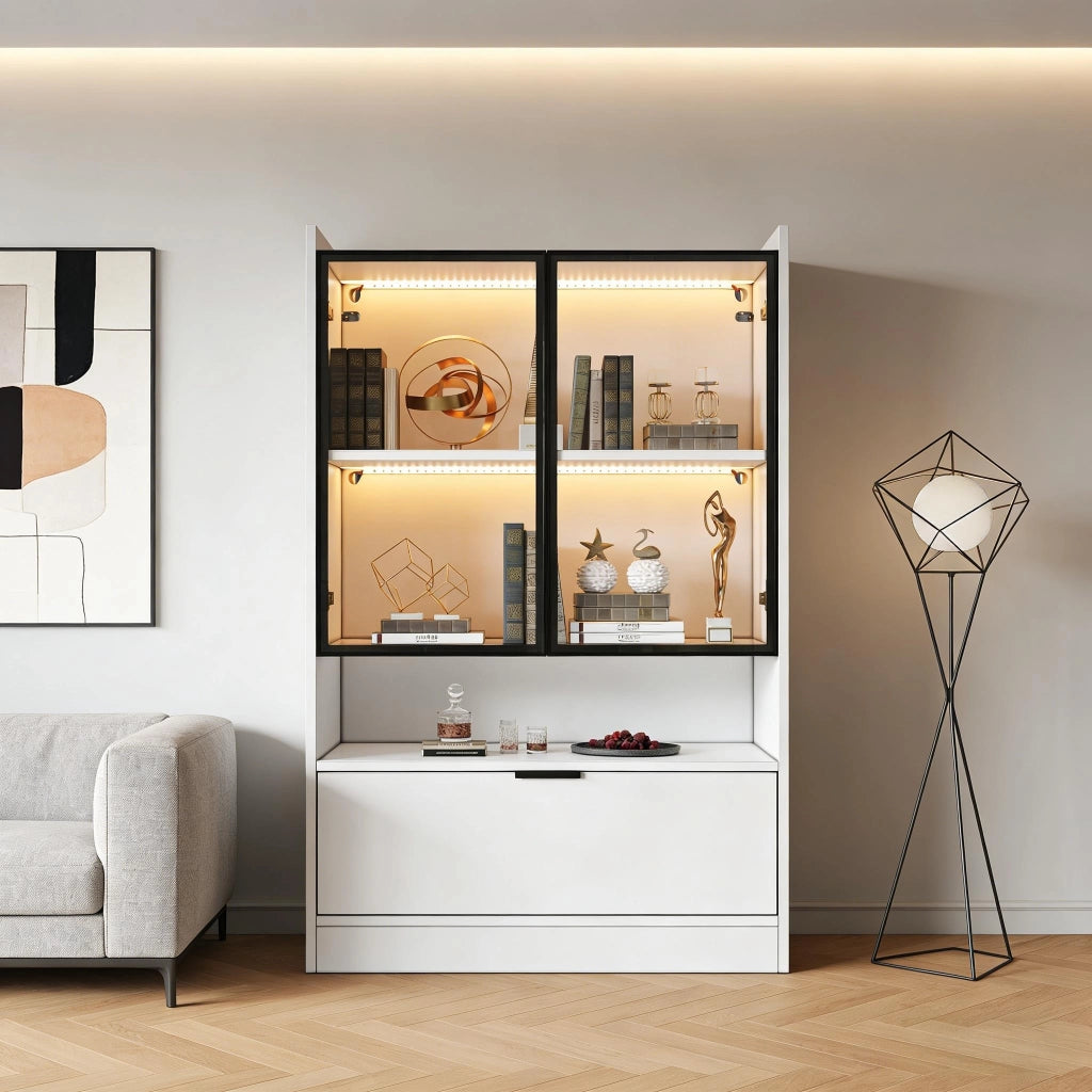 Vetrina con LED e ante in vetro, vano ribaltabile, per soggiorno, in truciolare e vetro, bianco 120 × 80 × 35 cm