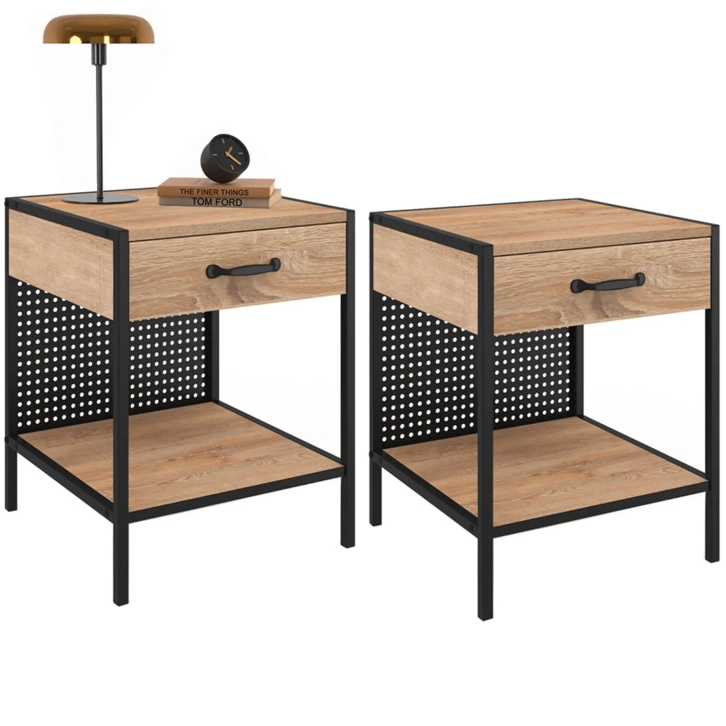 IDMarket - Set di 2 comodini PRESTON in acciaio perforato con 1 cassetto dal design industriale
