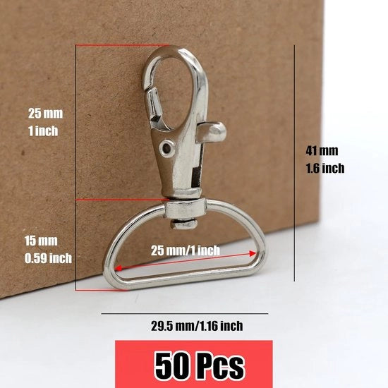 Pacchetto di 50 chiusure metalliche di alta qualità con ganci di traino rotativi a 360° e chiusura a D con anello interno da 2,5 cm.