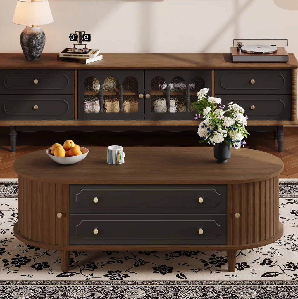 Tavolino da salotto 100x50x36 cm con 2 cassetti e 2 ante avvolgibili in truciolare; noce e nero