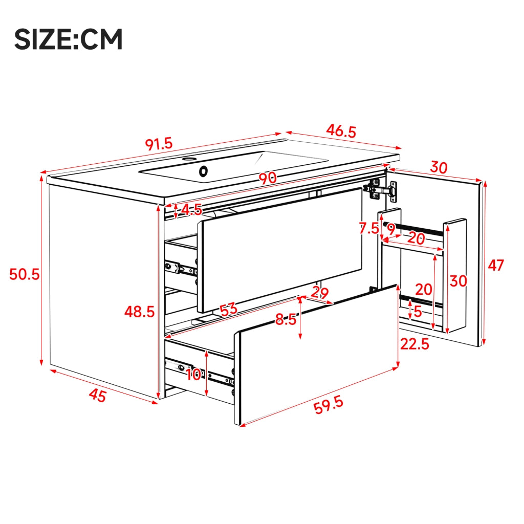 Mobile sottolavabo con lavabo in ceramica, LED con sensore radar, 2 cassetti e 1 vano, bianco 91 × 46,5 × 50,5 cm