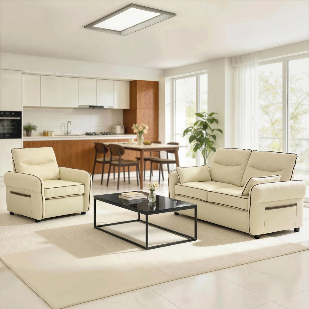 Divano 2 Posti in Similpelle Morbido con Cuscini ¨C Zephmum ¨C Beige 136x81x90 cm