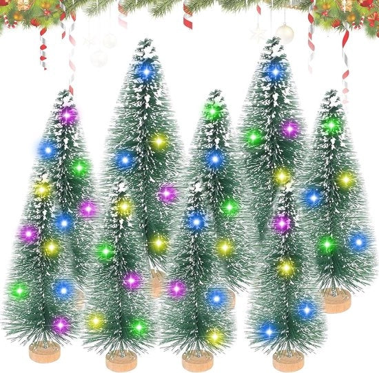 Pacco Mini di 9 Alberi di Natale Artificiali con Base in Legno, Luci da Tavolo - Miniatura di Pino di Tavolo in 3 Dimensioni