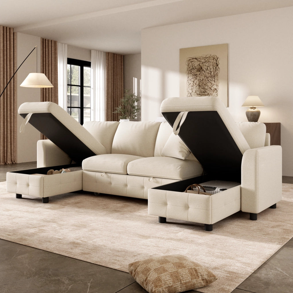 Divano letto estraibile con 2 chaise longue contenitore; USB e Type-C; Chenille beige; 260x128x82 cm