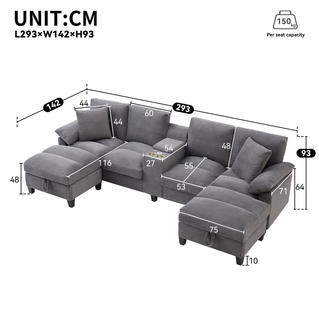 DIVANO U 293x142x93 cm grigio in velluto a coste 4-5 posti