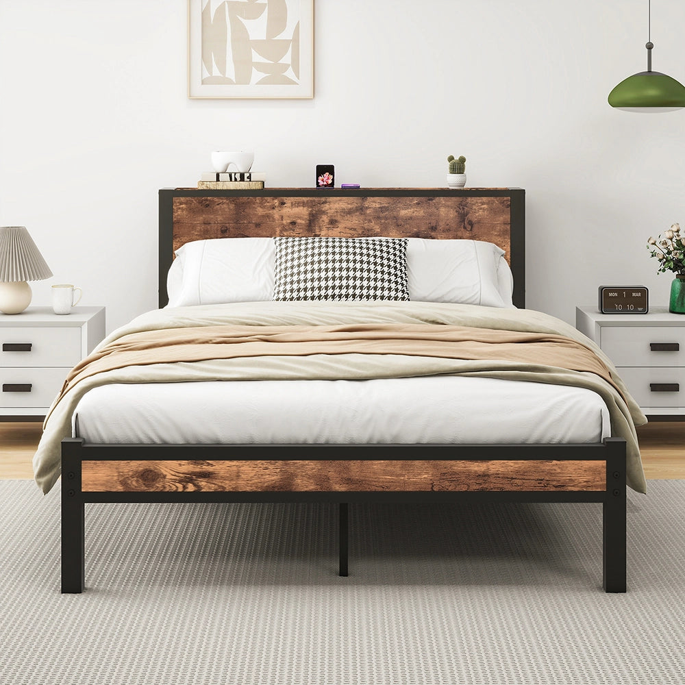 Letto metallo-Xylo-90x200 cm-testiera, contenitore, base piattaforma, marrone
