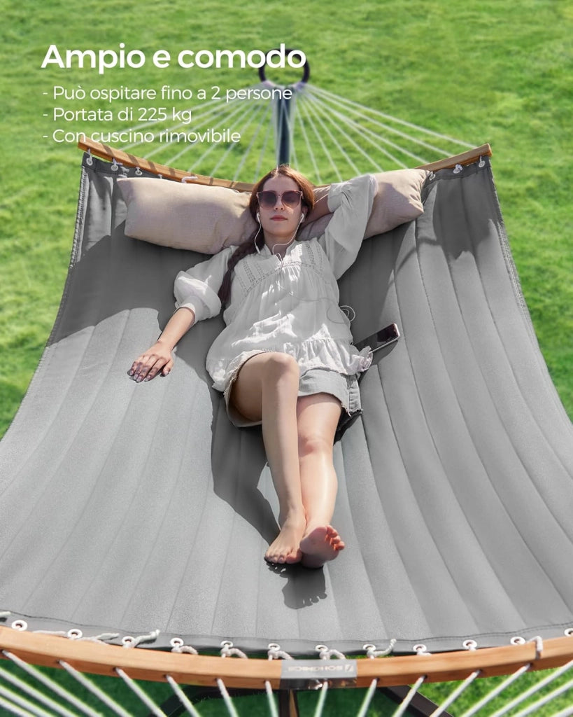 SONGMICS Amaca Doppia Imbottita, Amaca da Campeggio Giardino con Barre Curve in Bambù Separabili, con Cuscino, 200 x 140 cm, Max Portata 225 kg, Grigio e Beige GDC34CG