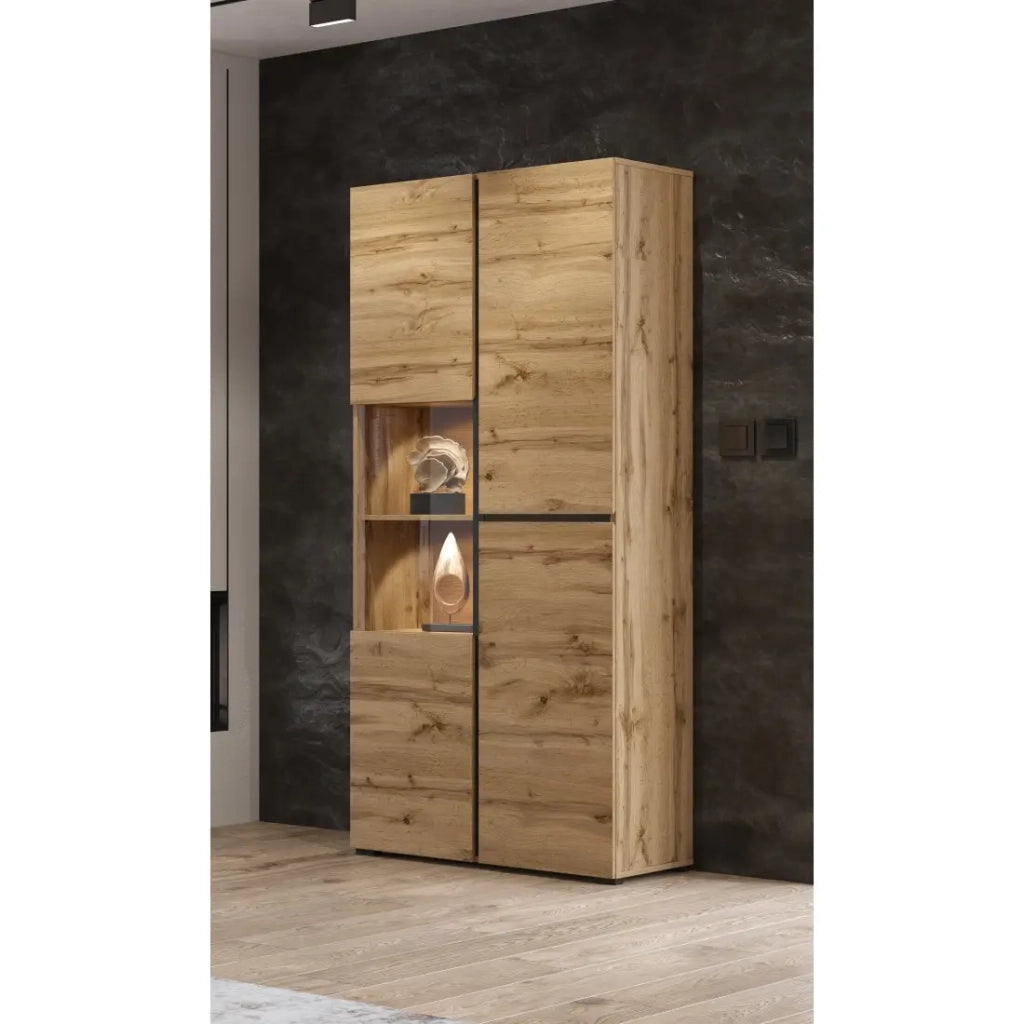 Vetrina alta 2 porte collezione HAVANA con LED integrato. Colori rovere e nero.