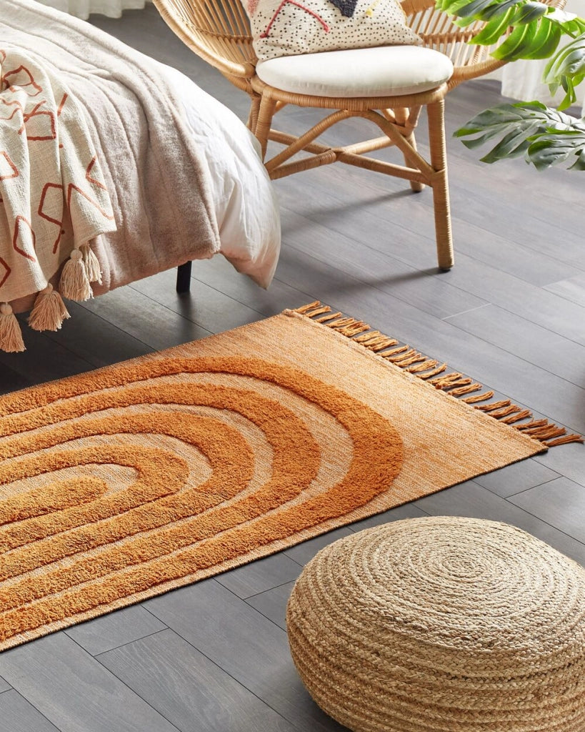 Tappeto rettangolare in cotone arancione 80 x 150 cm con frange boho soggiorno camera da letto