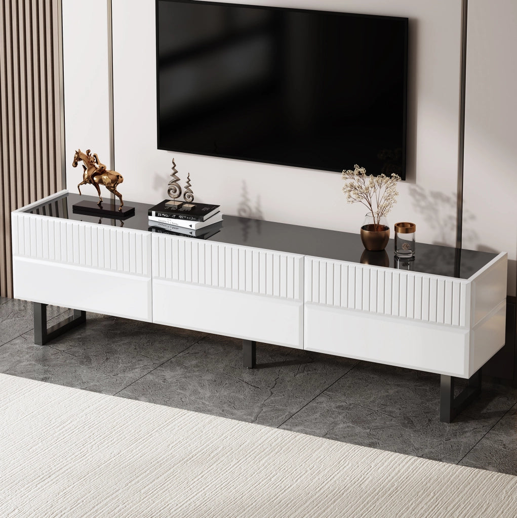 Mobile TV ULEVR 170x35x47 cm con 3 cassetti e gambe in ferro, nero e bianco