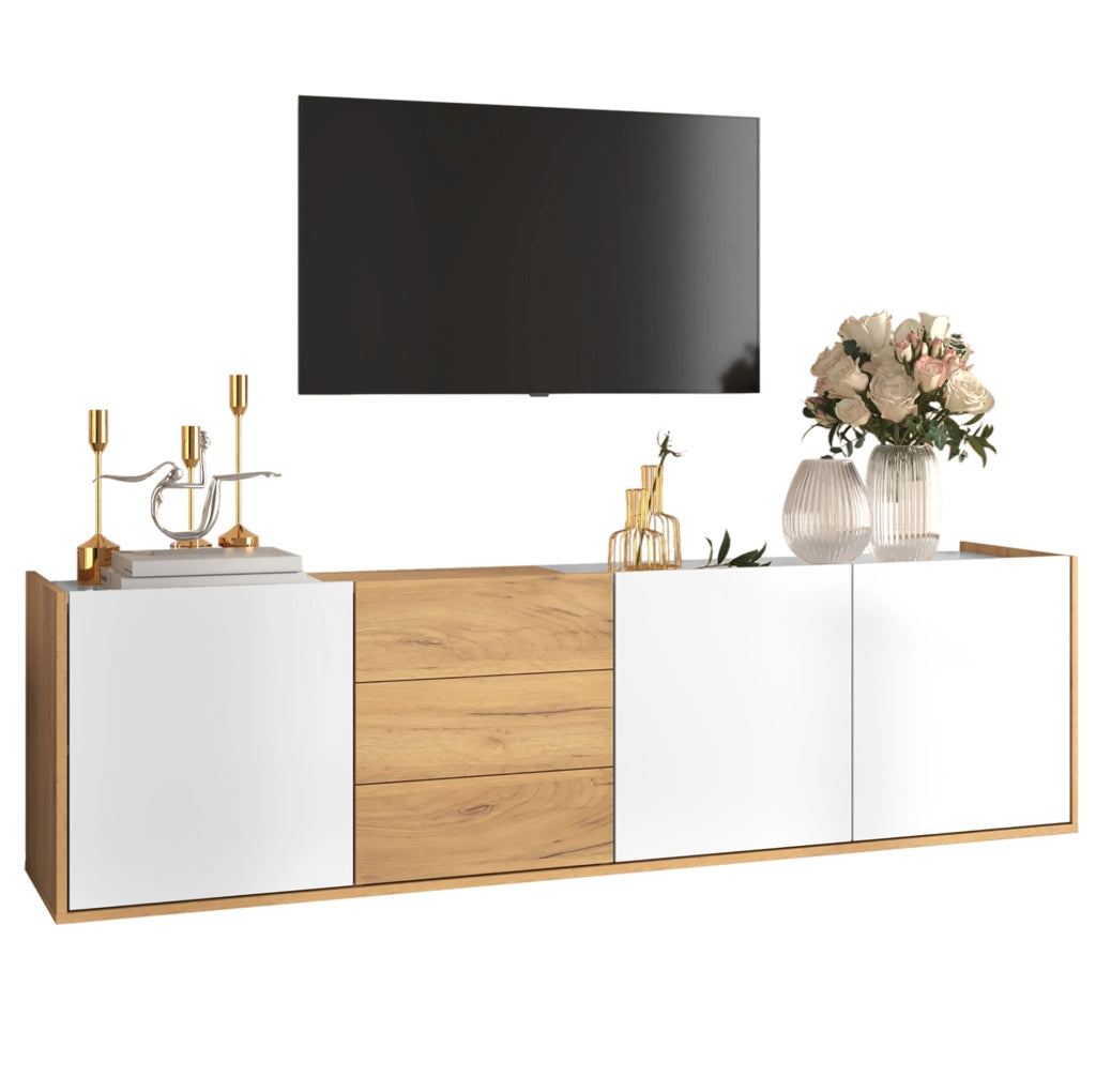 Mobile TV da parete o da terra con 3 ante e 3 cassetti; 171;5 x 35 x 47 cm; in MDF bianco e legno